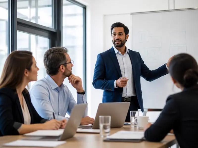 Consultor de gestão apresentando um diagnóstico de cultura para o time de uma empresa cliente Consultor de gestão apresentando um diagnóstico de cultura para o time de uma empresa cliente