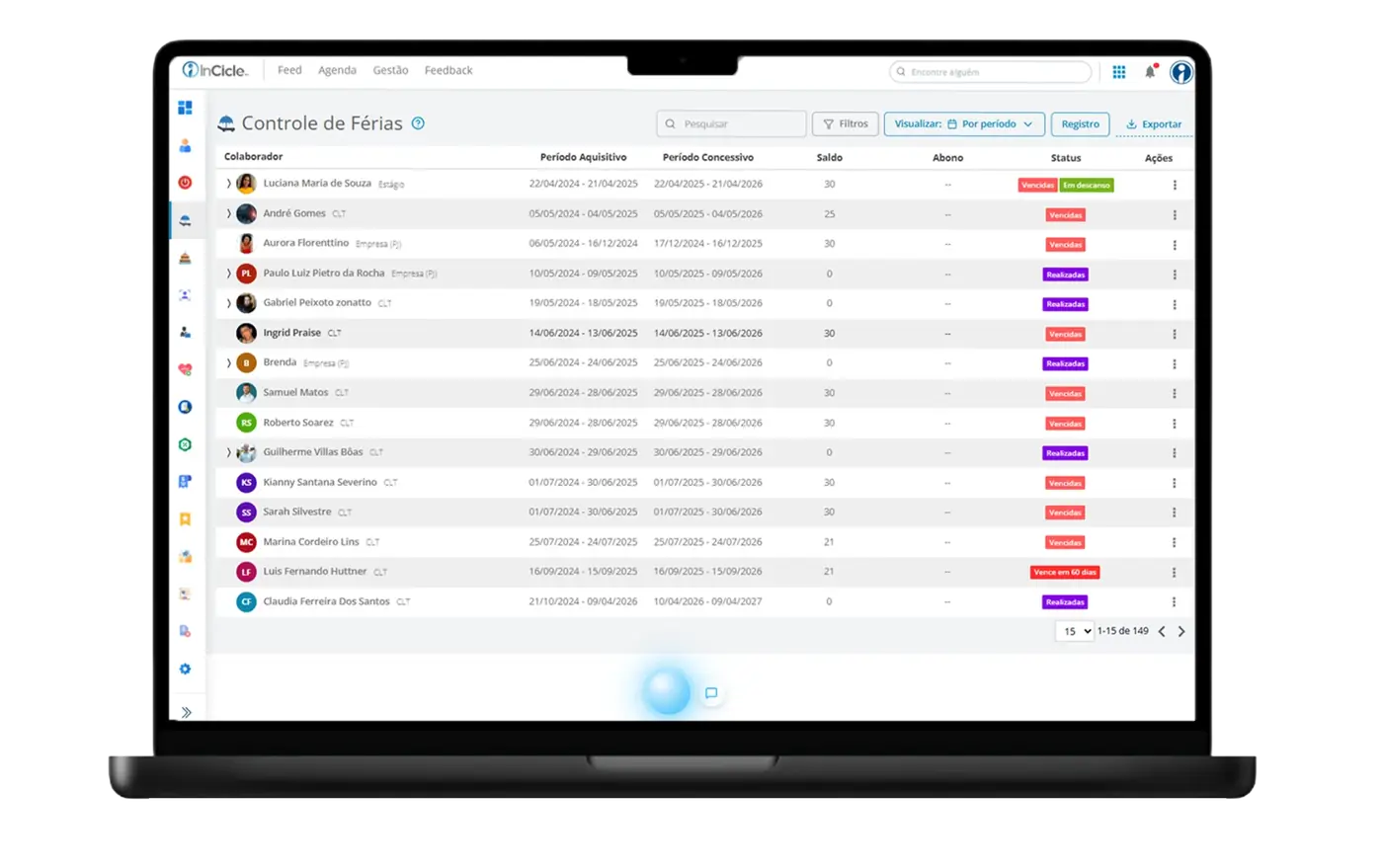 Interface do módulo Sistema de Férias da InCicle em um notebook.