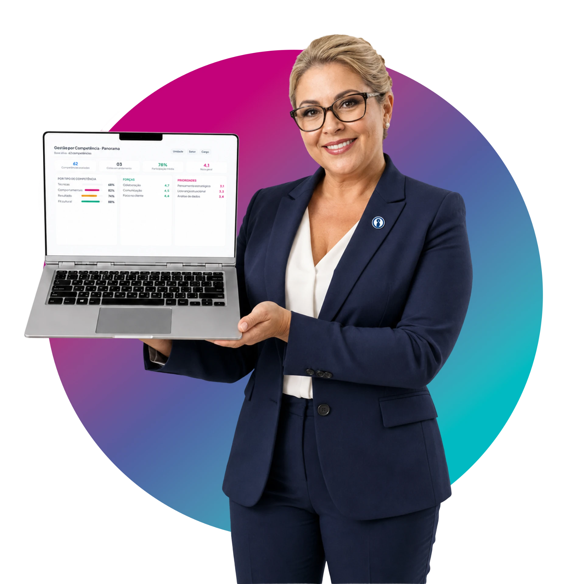 Profissional apresentando o módulo Gestão por Competência da InCicle em um notebook.