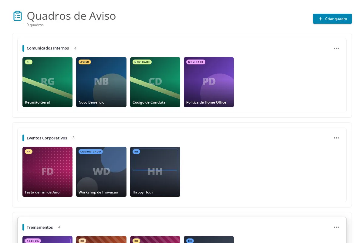 Tela de gestão do Quadro de Avisos da InCicle com múltiplos quadros temáticos de comunicados internos e eventos corporativos