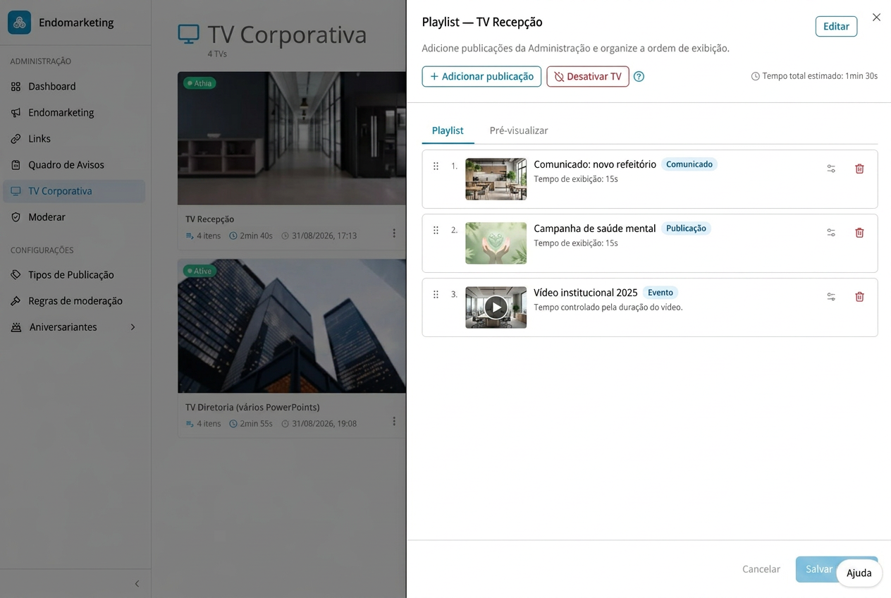 Editor de playlist da TV Corporativa da InCicle com publicações do Endomarketing, ordem de exibição e tempo por item