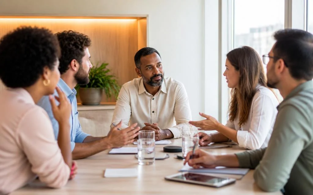 Liderança conduzindo uma conversa com a equipe em uma sala de reunião, usando o perfil comportamental como apoio