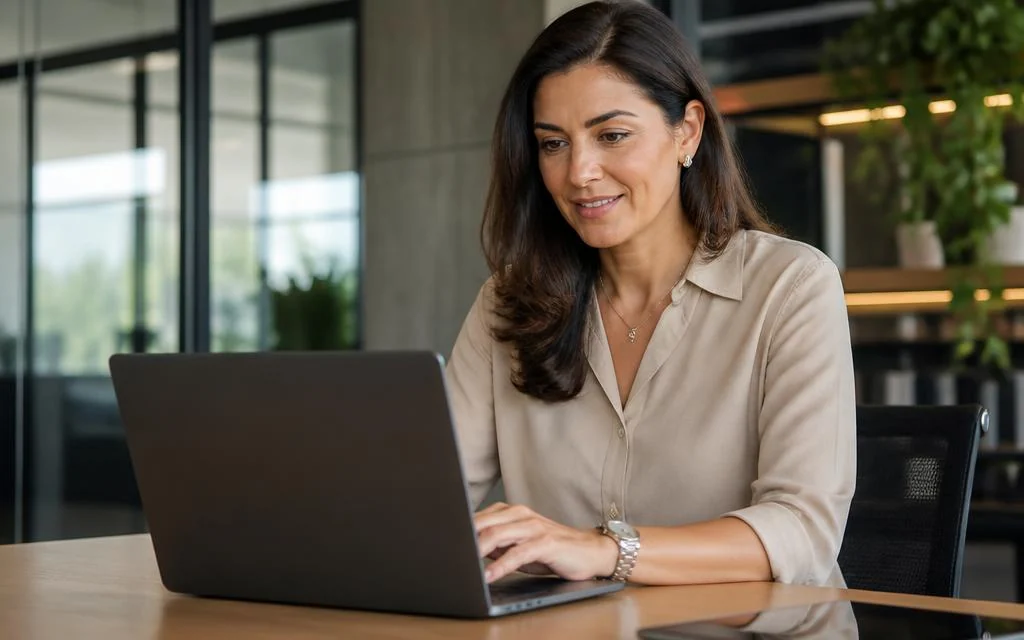 Profissional de RH analisando um relatório comportamental do Behavior no computador em um escritório corporativo