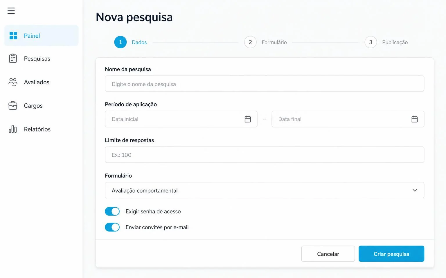 Tela do módulo Behavior da InCicle mostrando a criação de uma nova pesquisa comportamental com prazo e limite de respostas