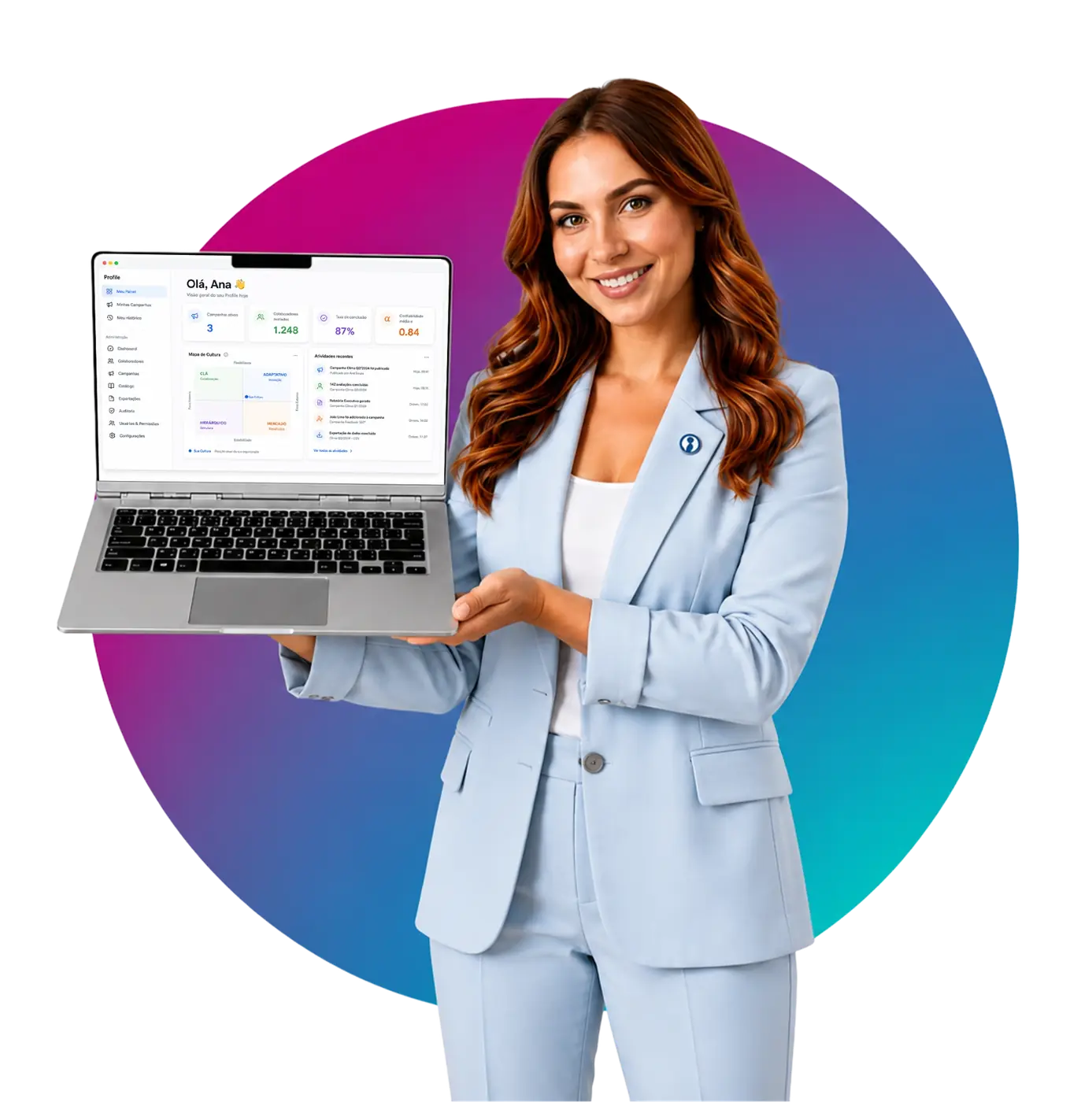 Profissional apresentando o módulo Chat Corporativo da InCicle em um notebook