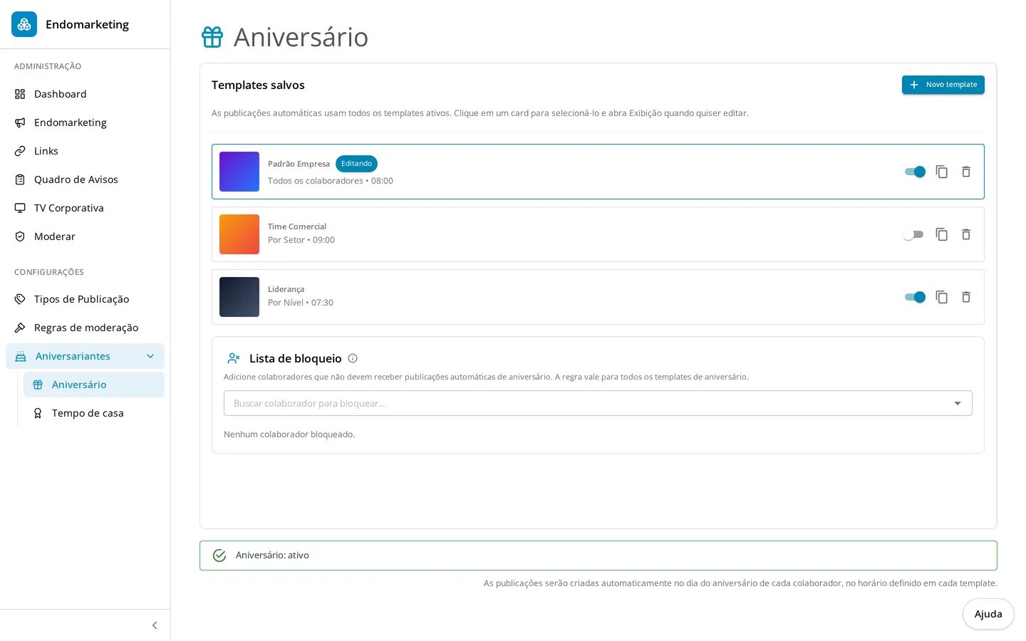 Configuração de templates automáticos de aniversário e tempo de casa no Endomarketing da InCicle