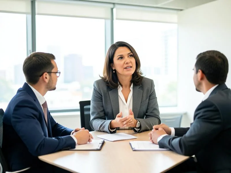 Líder de equipe conversando com integrantes do time em sala de reunião