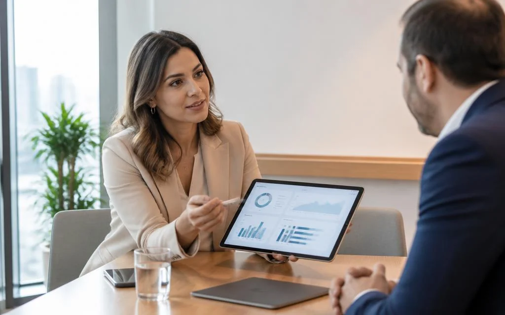 Consultora de RH apresentando indicadores comportamentais do Behavior para um cliente