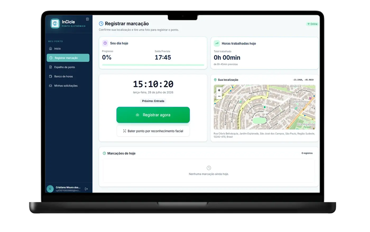 Tela do módulo InPonto da InCicle exibindo registro de marcação com geolocalização.