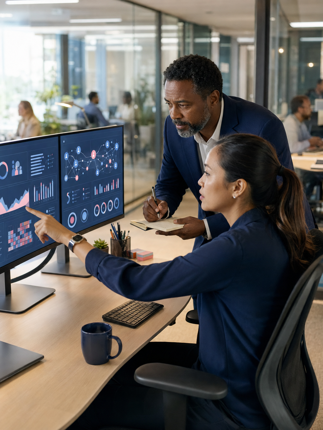 Profissionais analisando dashboards de people analytics em dois monitores