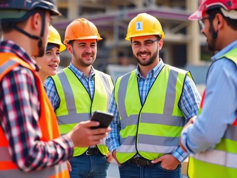 Equipe de obra utilizando o celular no canteiro.