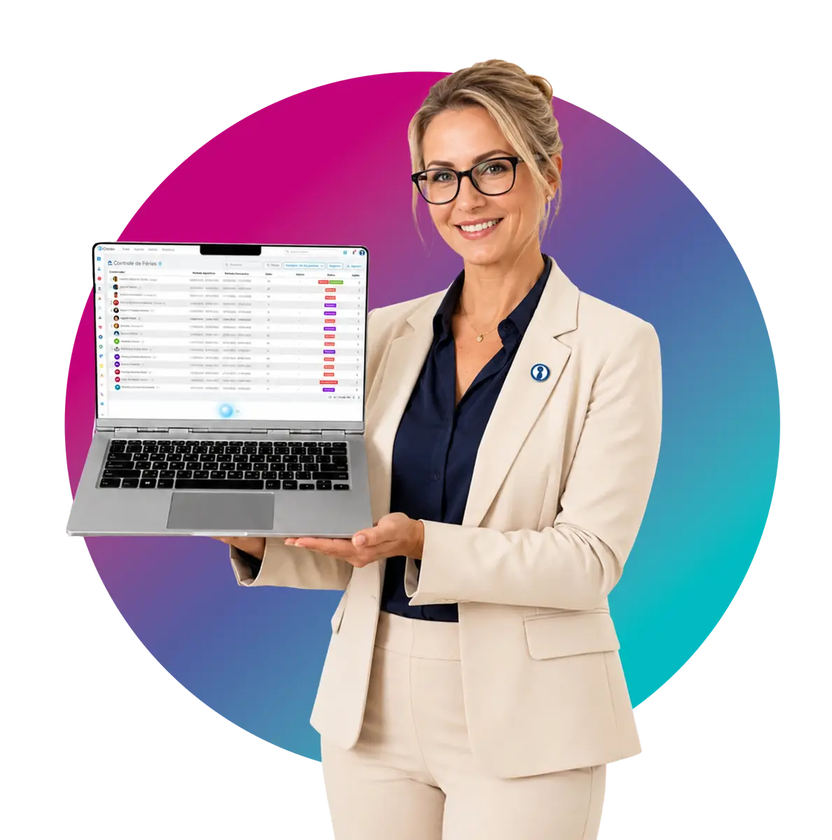 Profissional apresentando o módulo Sistema de Férias da InCicle em um notebook.