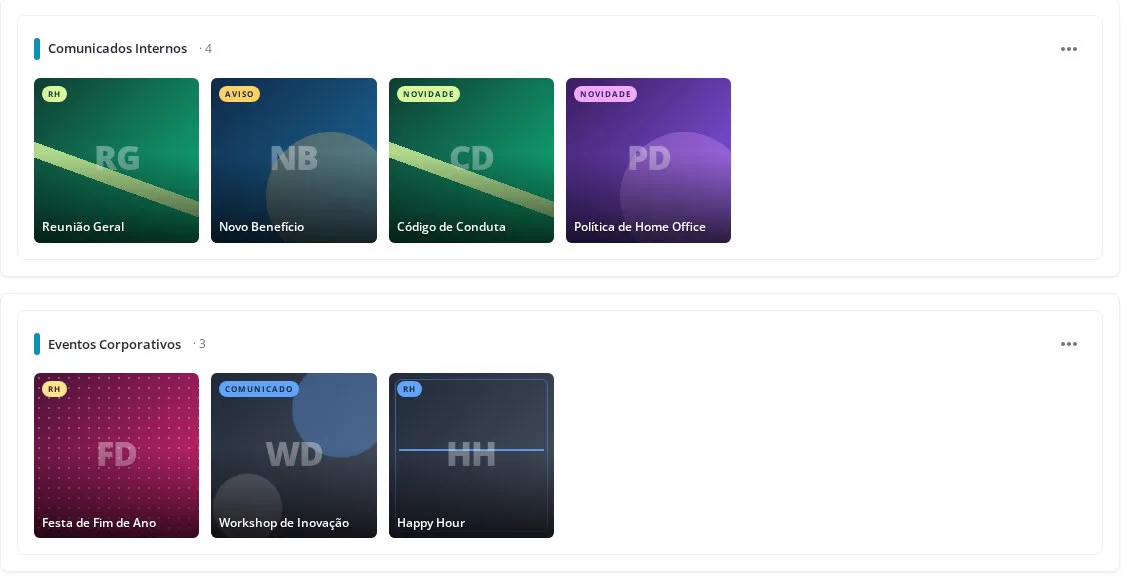 Capas visuais de comunicados internos e eventos corporativos no Quadro de Avisos Digital da InCicle