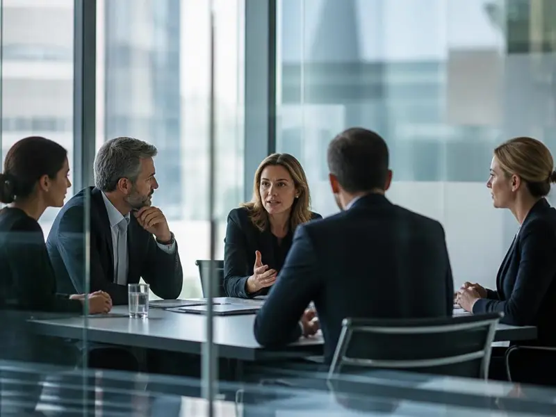Liderança executiva reunida em sala de reunião discutindo direcionamento estratégico e cultura Liderança executiva reunida em sala de reunião discutindo direcionamento estratégico e cultura