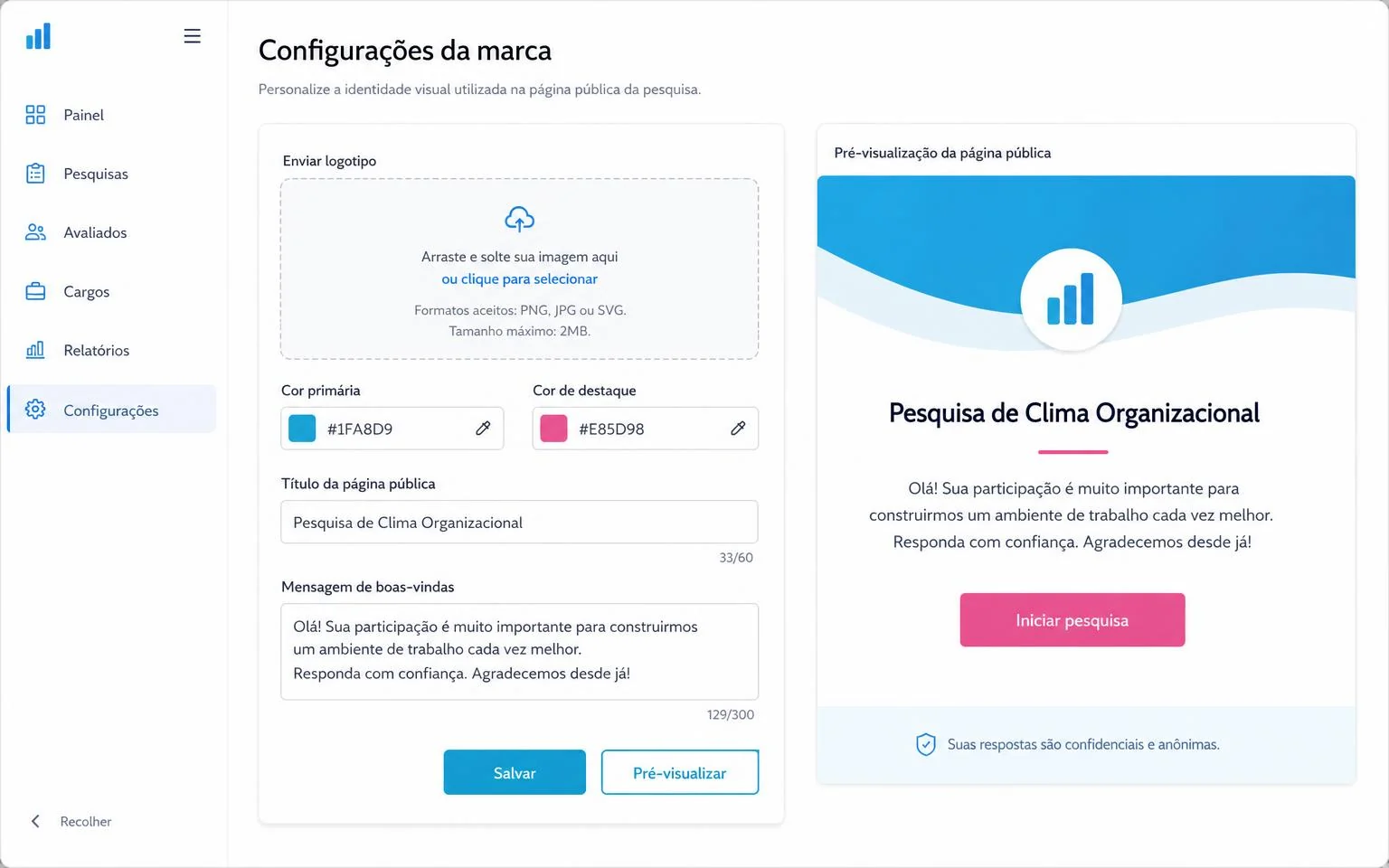 Tela do módulo Behavior da InCicle mostrando a personalização de marca da página pública da pesquisa comportamental