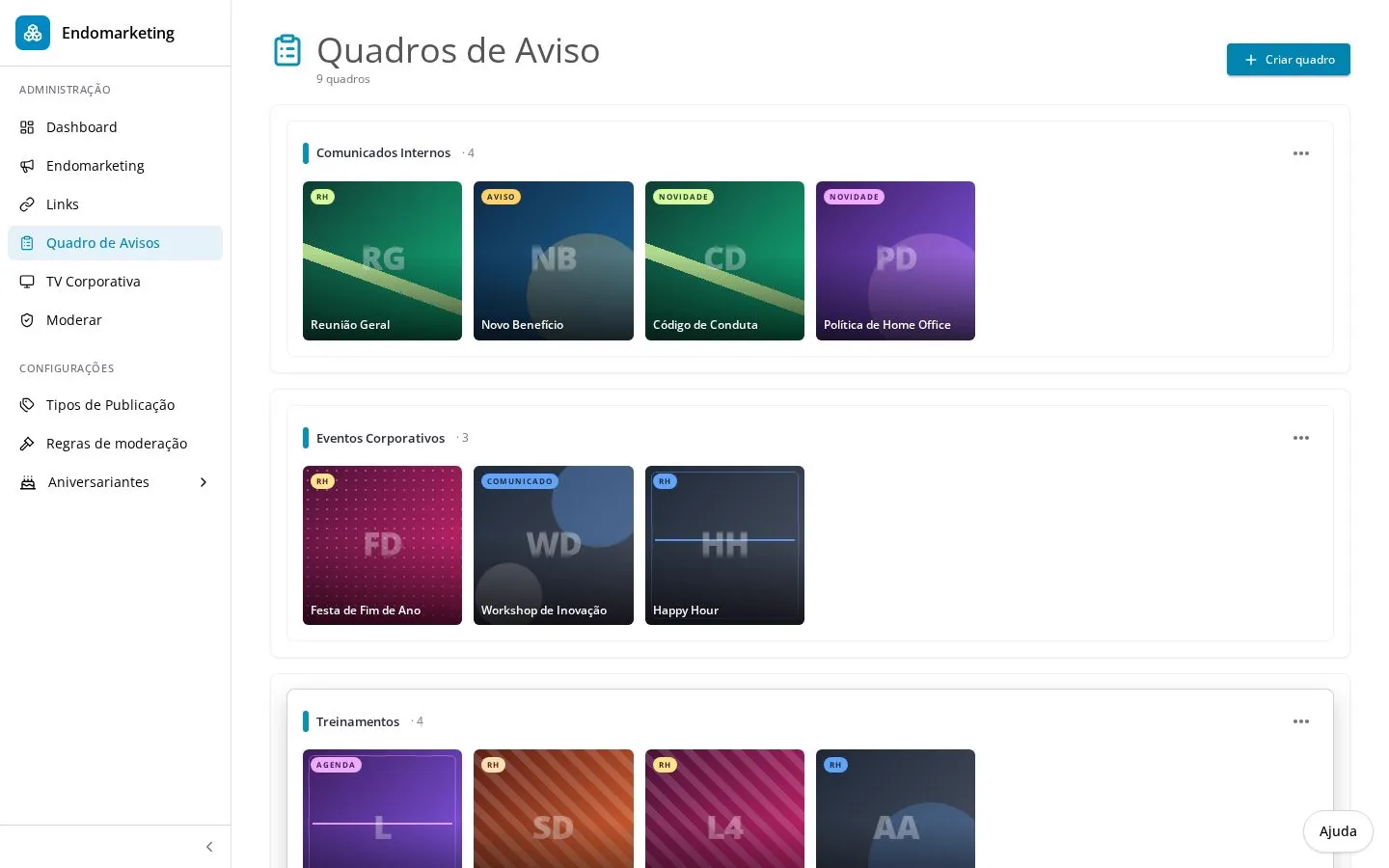 Quadro de Avisos digital integrado ao Endomarketing com avisos fixados e vigência automática