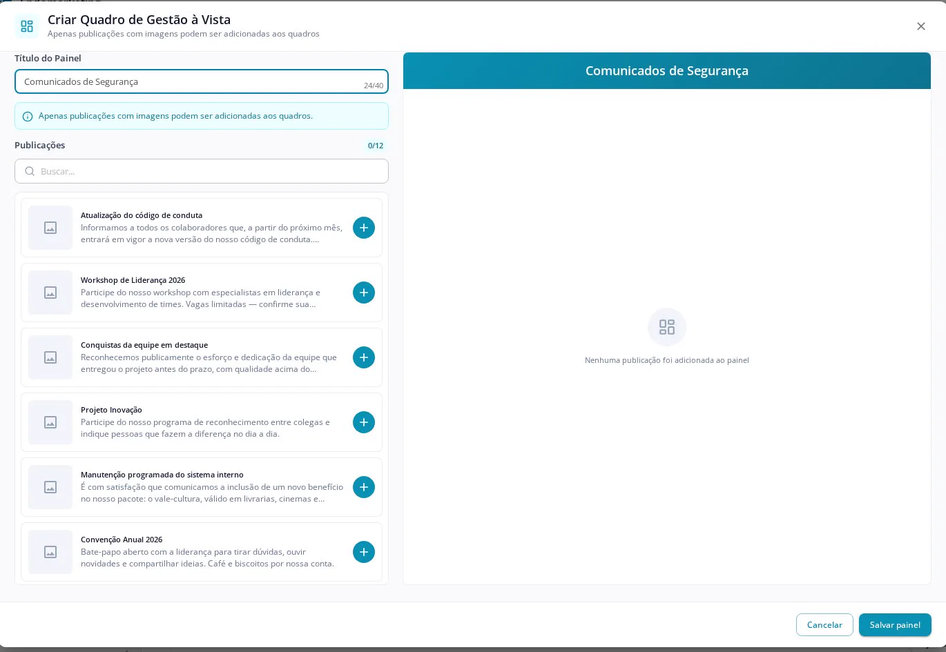 Tela de criação de quadro temático na InCicle, com busca e seleção de publicações para compor um painel de comunicados