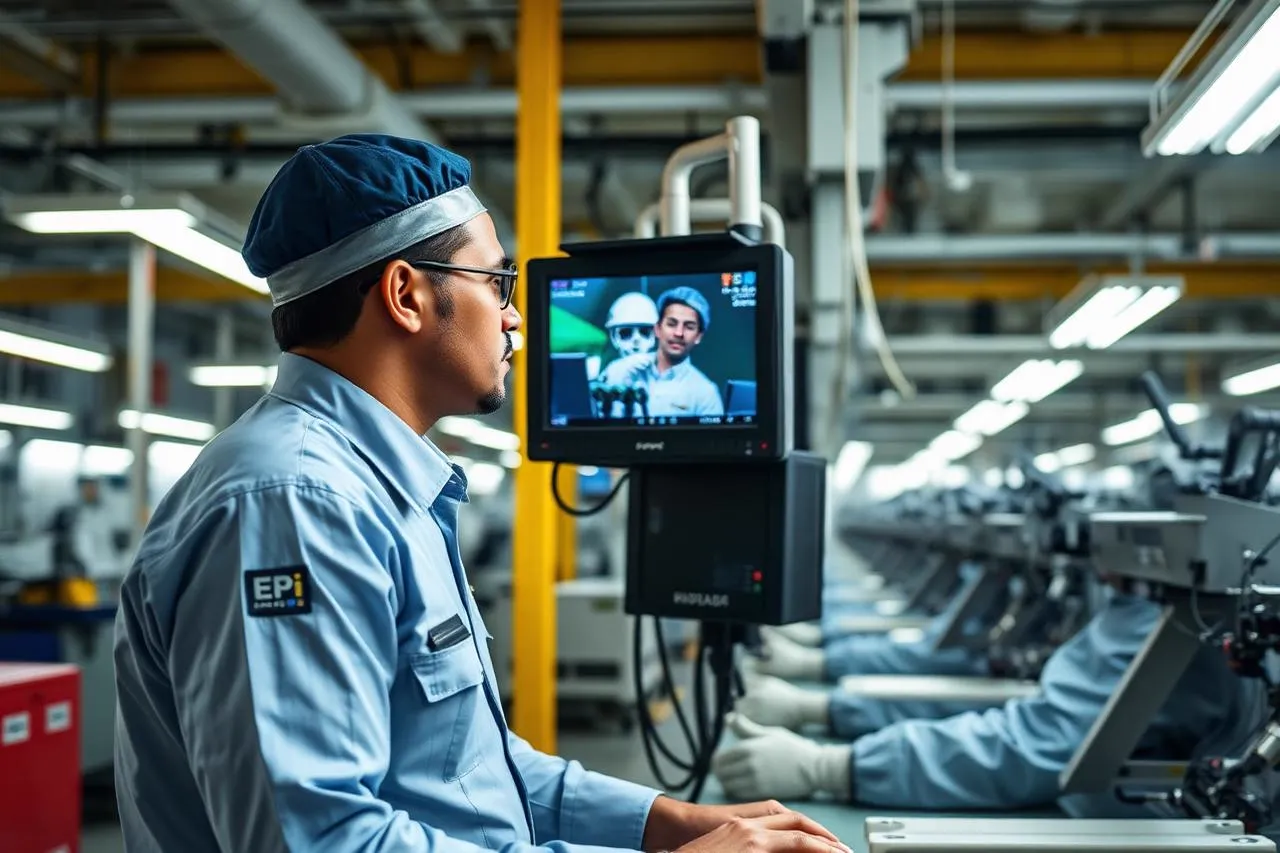 Colaboradores no chão de fábrica de uma indústria durante o turno de produção