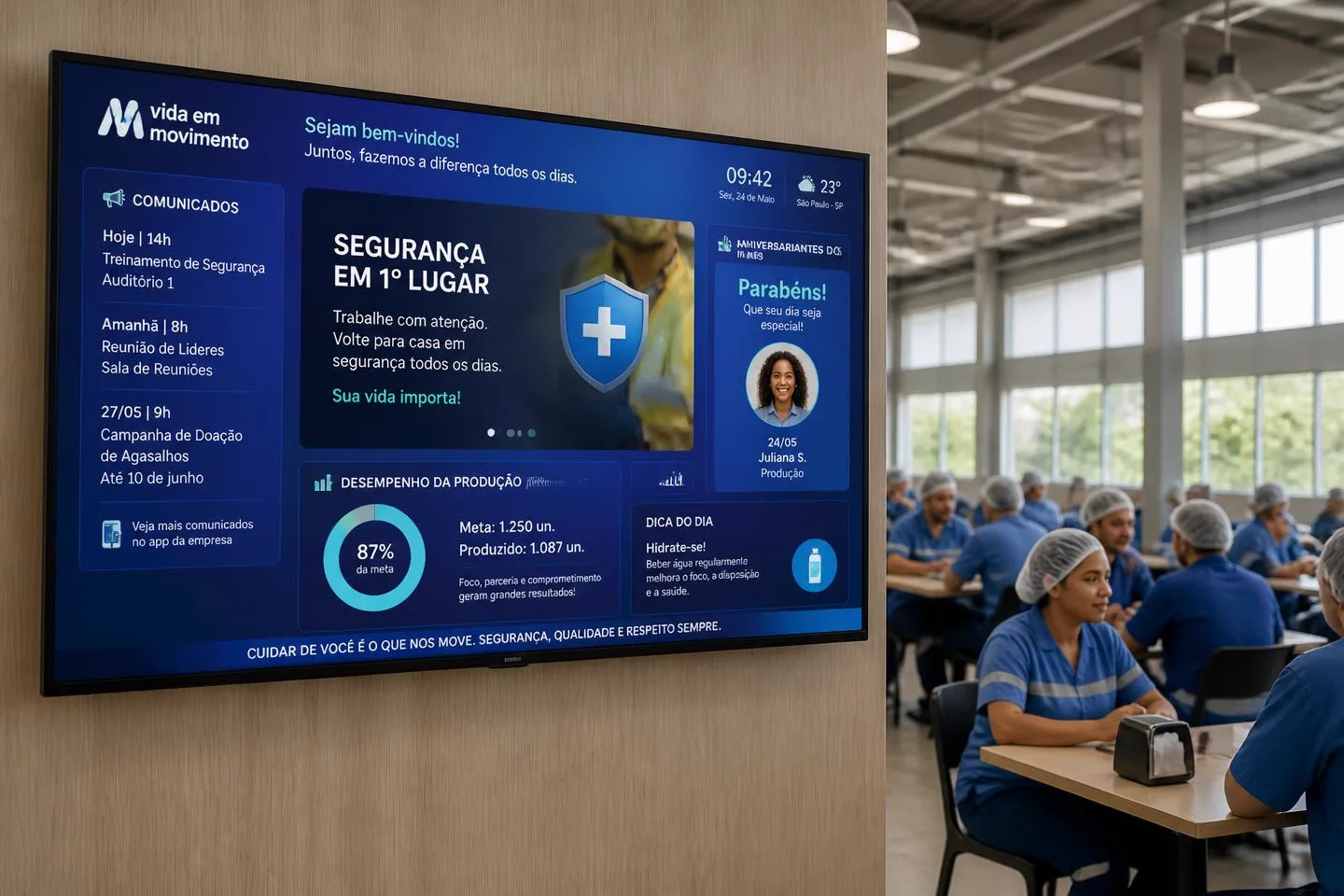 Refeitório corporativo com TV exibindo a programação de comunicação interna durante o intervalo