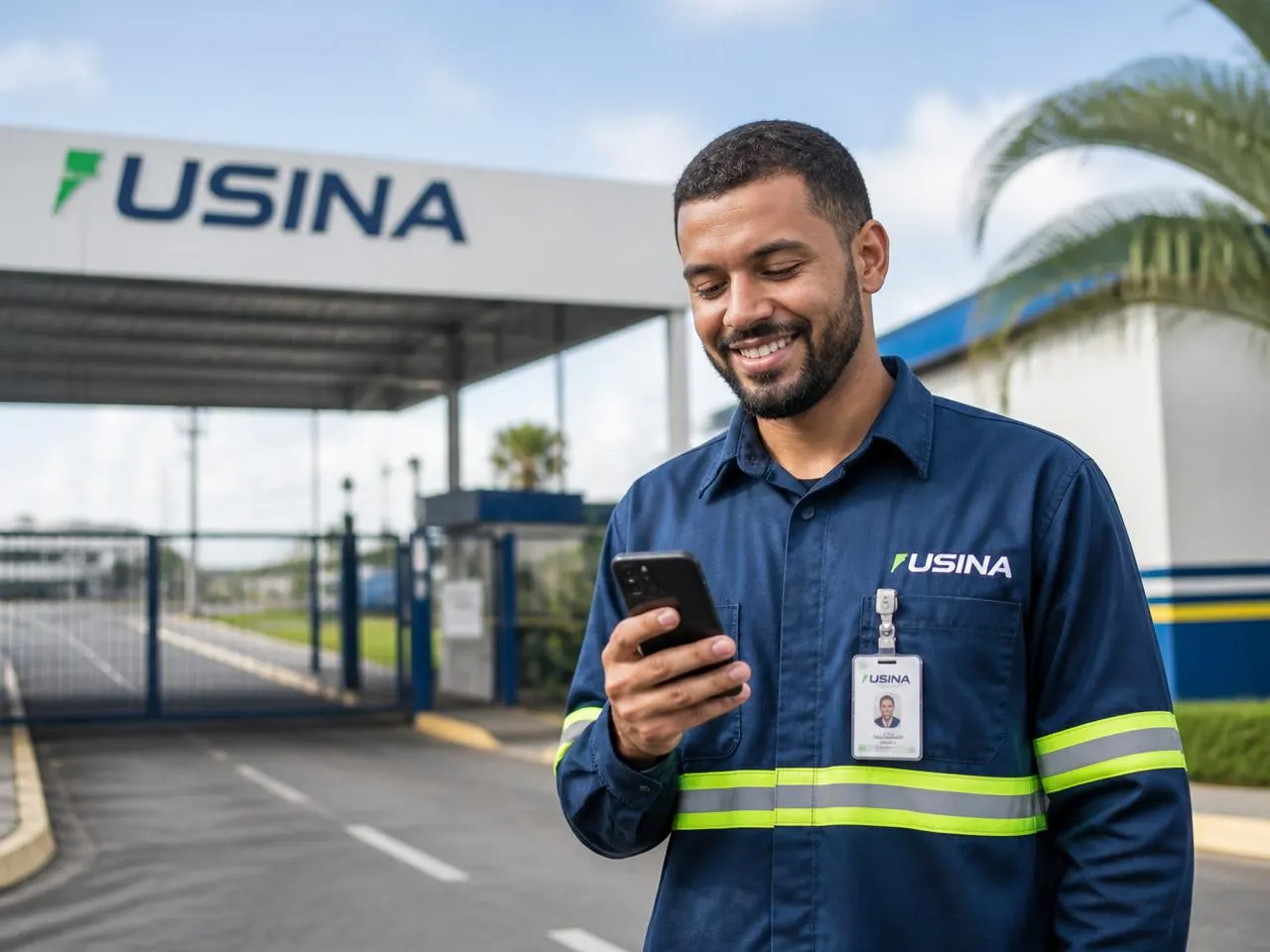 Colaborador registrando o ponto no celular ao chegar ao trabalho.