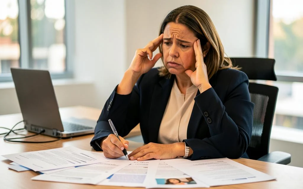 Profissional de RH analisando currículos e perfis espalhados em papéis, com dificuldade de decidir por intuição