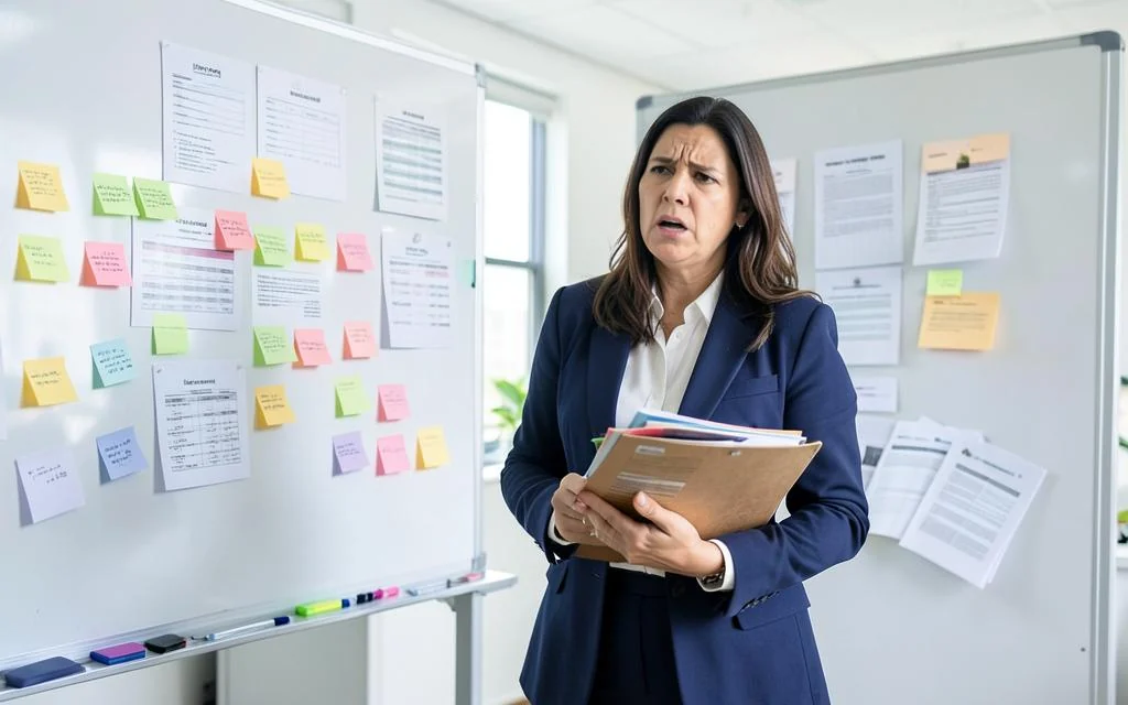 Profissional de RH sobrecarregado com post-its, formulários e relatórios de testes comportamentais avulsos