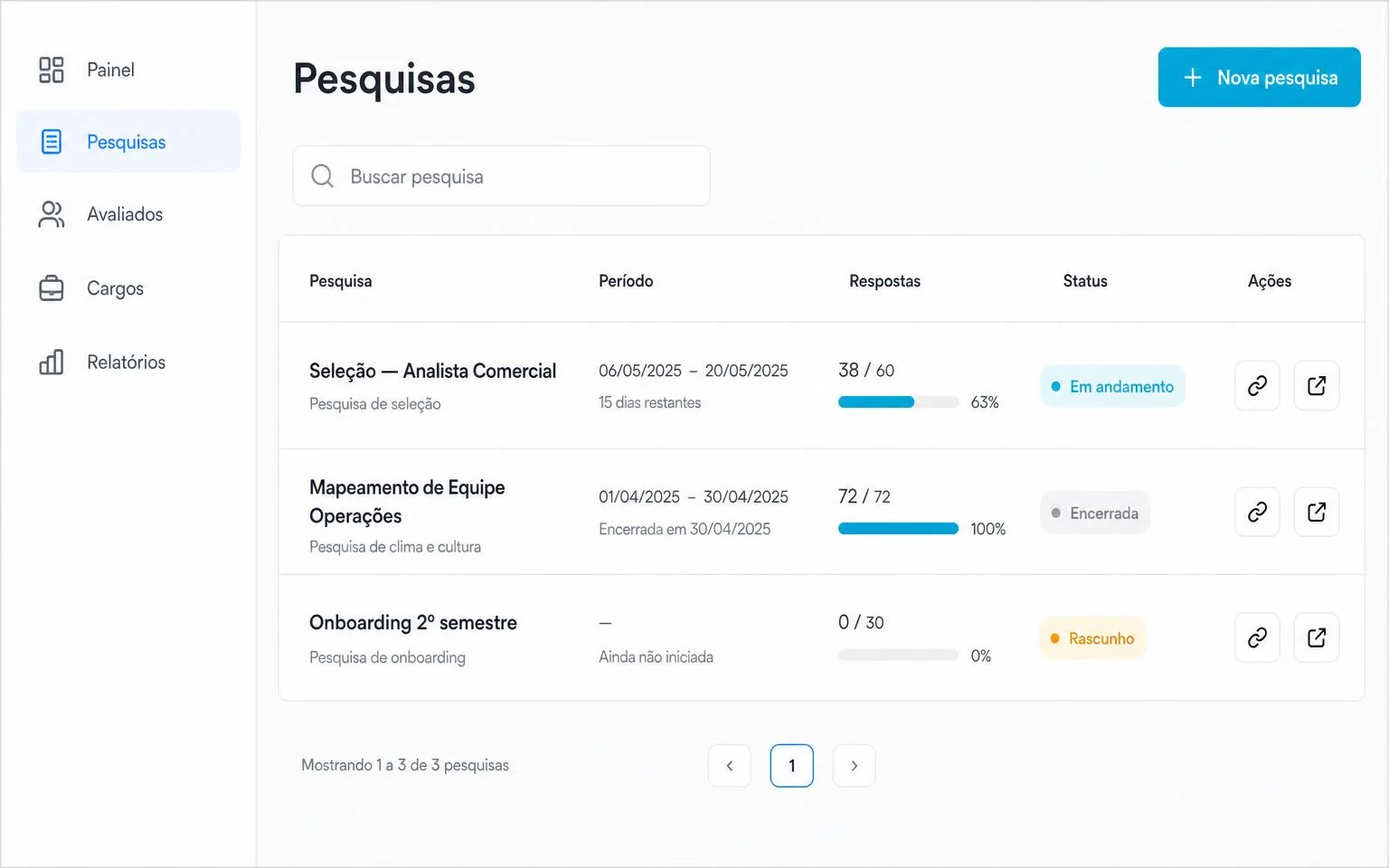 Tela do módulo Behavior da InCicle mostrando a criação de pesquisa comportamental com página pública personalizada e link de acesso