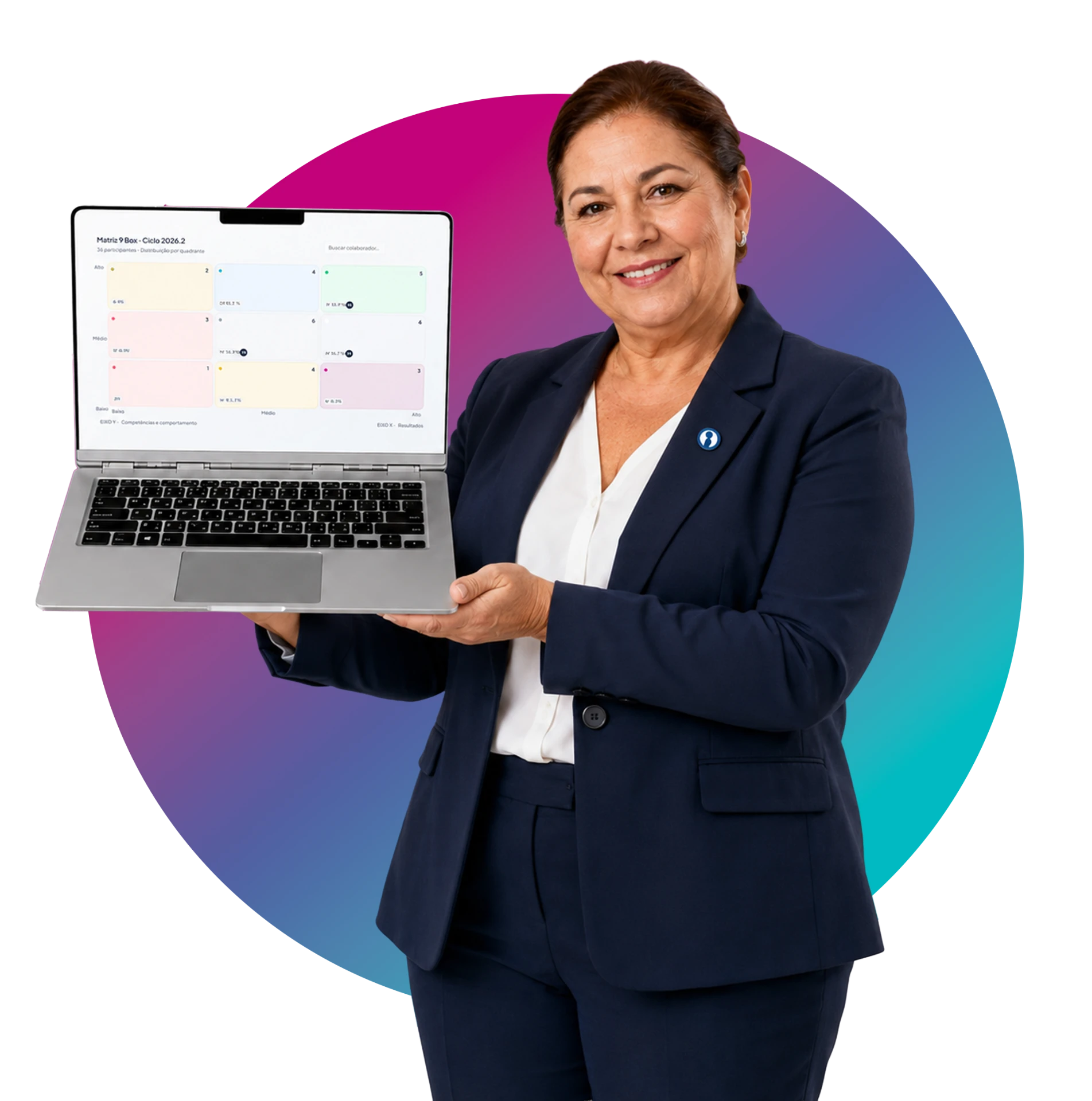 Profissional apresentando o módulo Matriz 9 Box da InCicle em um notebook.