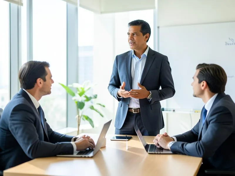 Líder de área alinhando o time em sala de reunião com apoio das conversas do Chat Corporativo