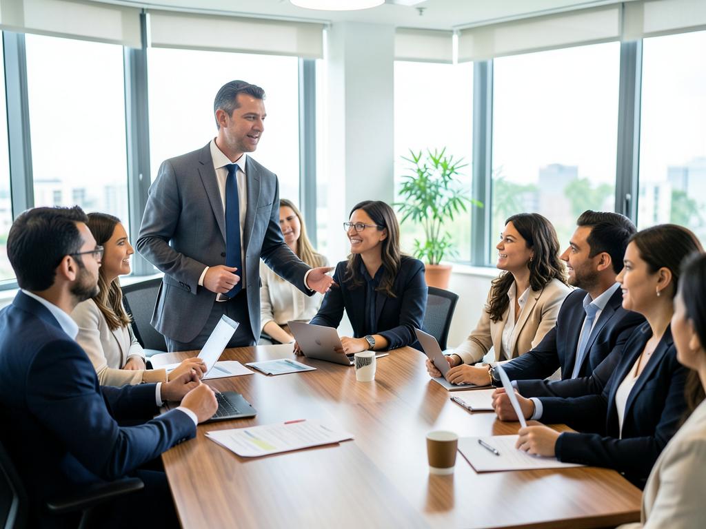 Liderança de área discutindo a estrutura da equipe com profissionais brasileiros