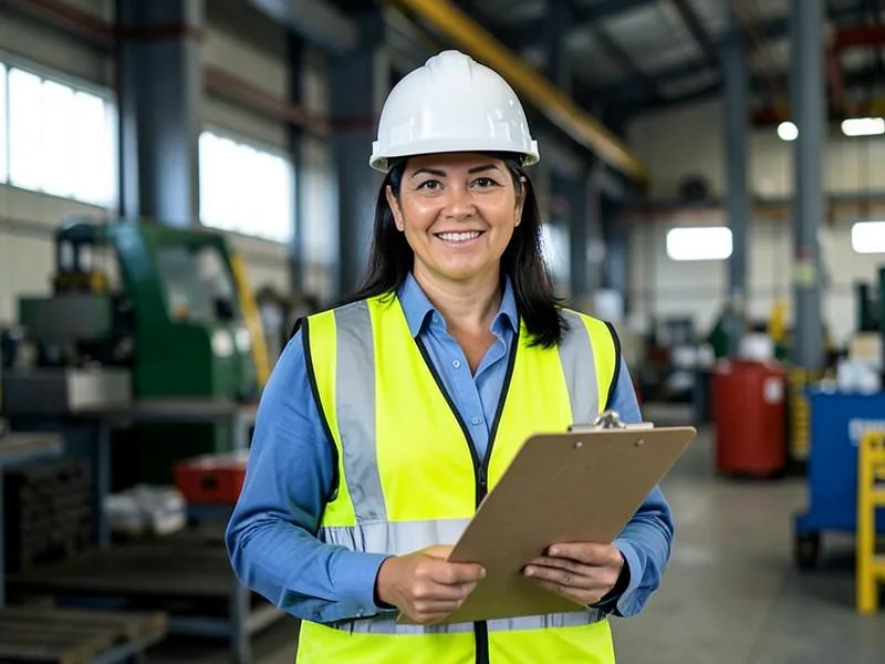 Técnica de segurança do trabalho com capacete e colete durante inspeção em planta industrial