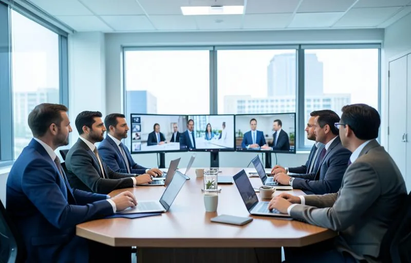 Lideranças de grupo multiempresa comparando grades salariais entre unidades em reunião de integração