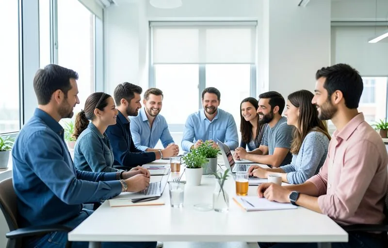 Equipe jovem de empresa em crescimento reunida em escritório aberto planejando a estrutura de cargos