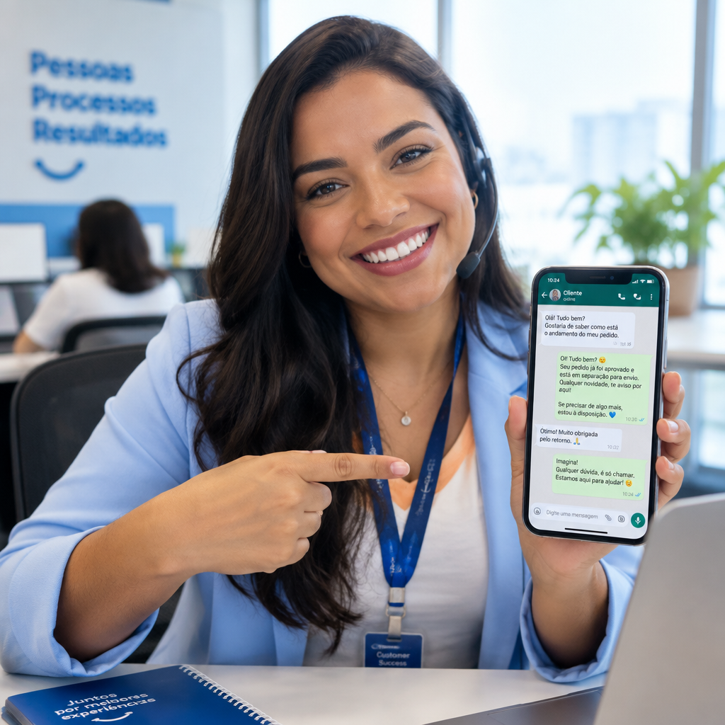 Especialista de sucesso do cliente sorrindo e apontando para uma conversa no WhatsApp no celular