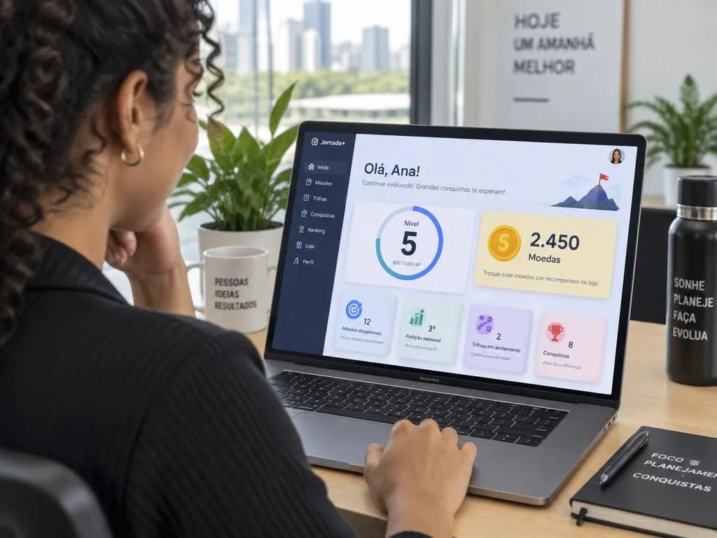 Colaborador consultando em um notebook o painel da Gamificação com nível, saldo de moedas e missões disponíveis