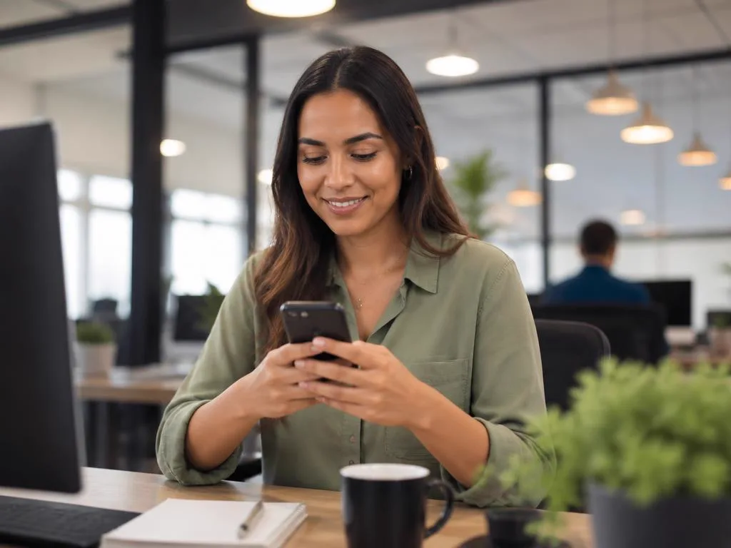 Colaboradora respondendo check-in de humor pelo celular em sua mesa