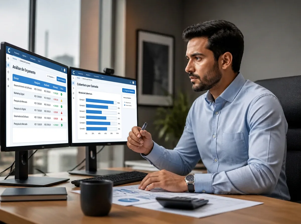 Profissional de controladoria analisando gráficos de orçamento planejado e realizado em dois monitores