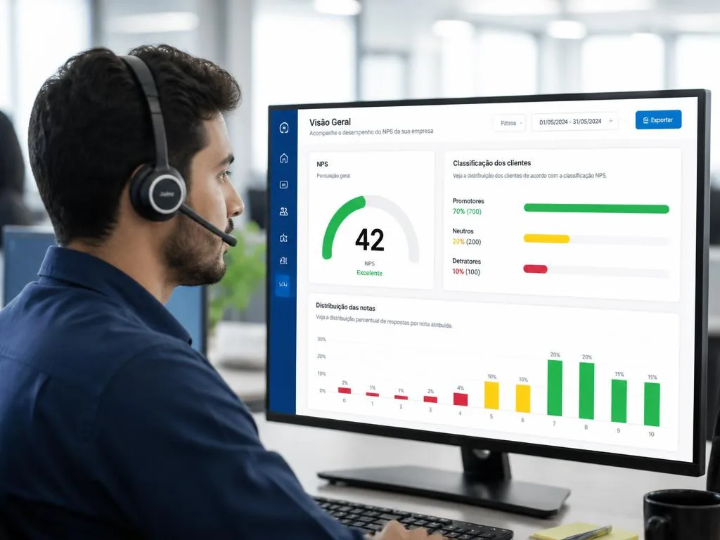 Analista de atendimento com headset diante de um monitor com o painel de NPS, mostrando índice, promotores, neutros e detratores