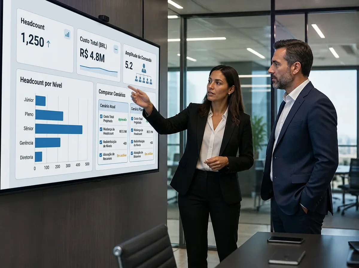 Executivos analisando indicadores de headcount e o organograma em uma tela de sala de reunião