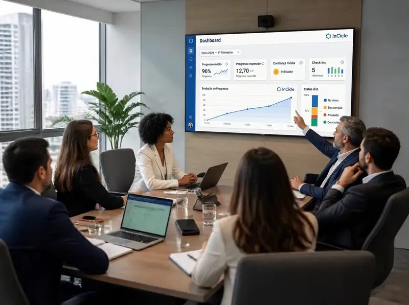 Diretoria brasileira analisando os resultados do ciclo estratégico em uma tela de reunião