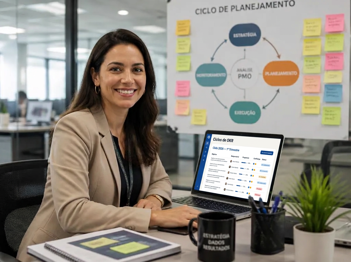 Profissional de estratégia organizando o ciclo de planejamento em um notebook