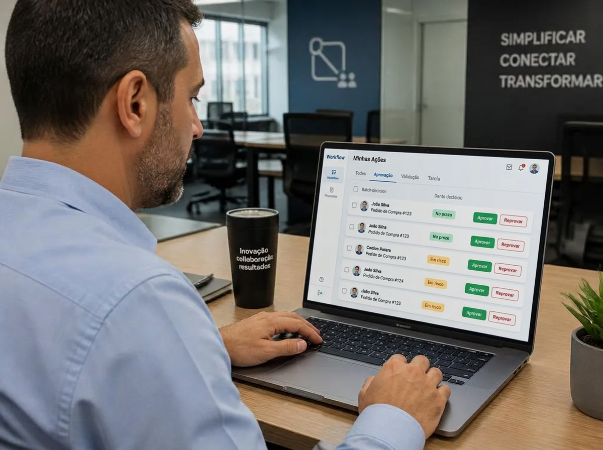 Gestor analisando em um notebook a caixa de Minhas Ações com solicitações pendentes e os botões de aprovar e reprovar