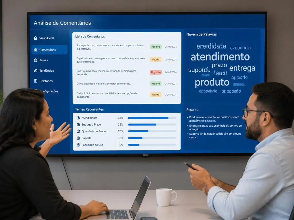 Duas lideranças analisando em uma tela a central de comentários com sentimento, nuvem de palavras e temas recorrentes