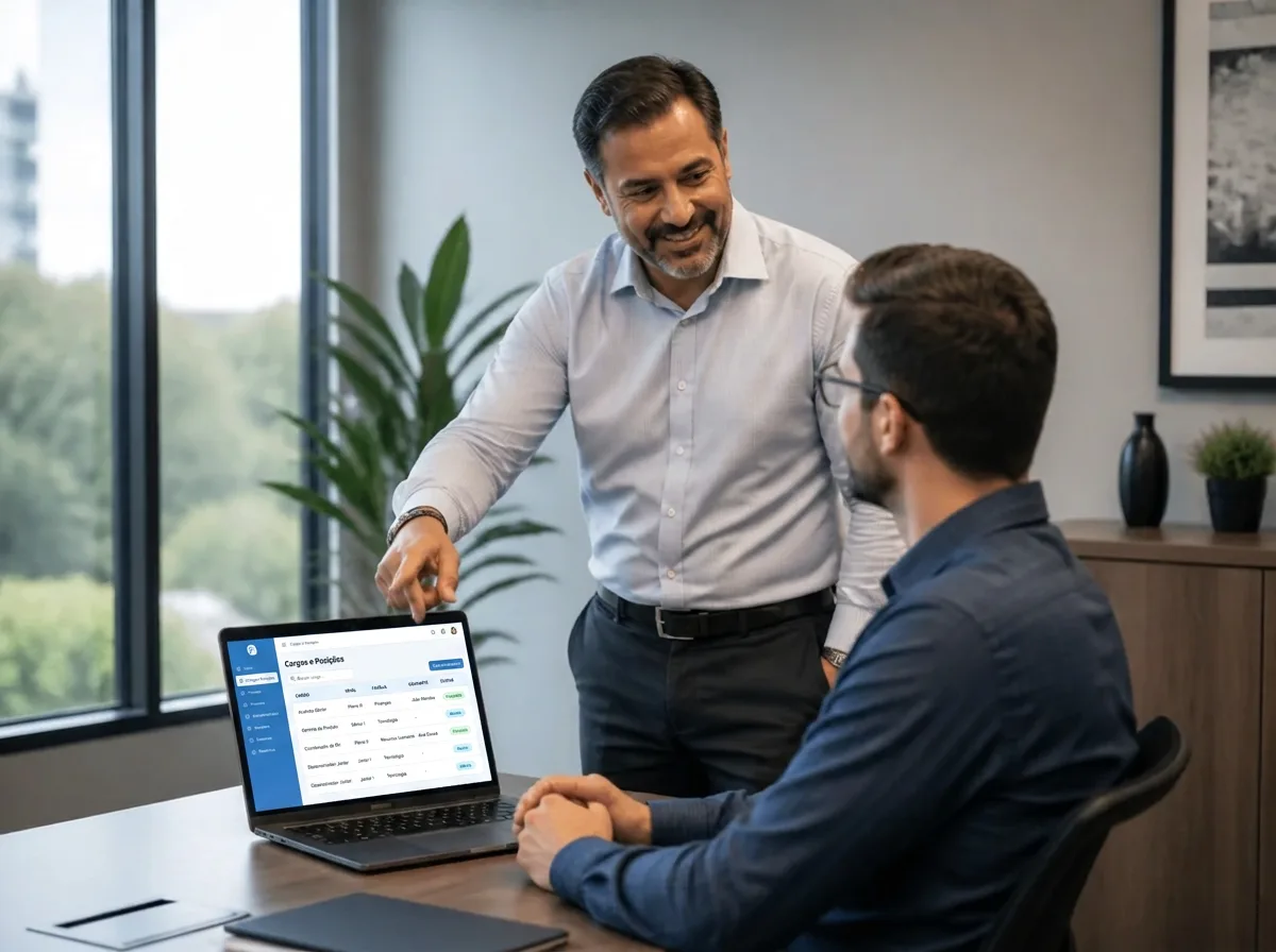 Líder mostrando a estrutura da equipe em um notebook para um colaborador