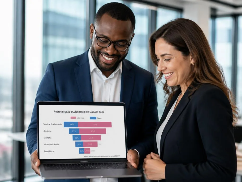 Dois líderes analisando em um notebook o funil de representação entre liderança e base