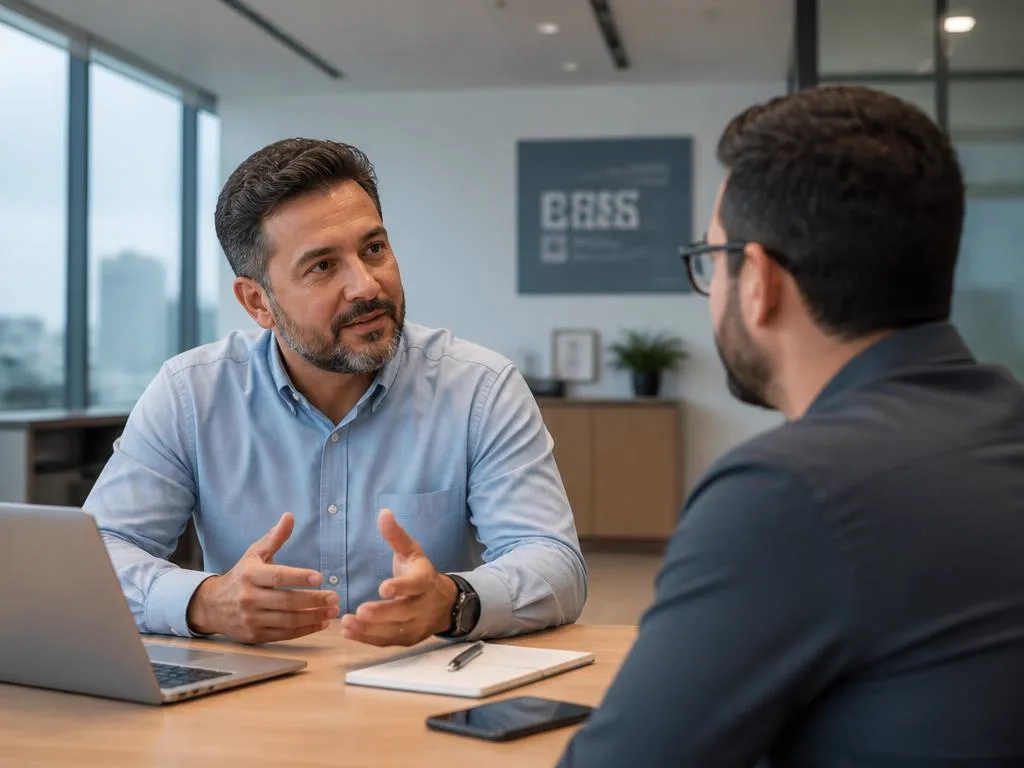 Líder conversando individualmente com colaborador em mesa de escritório