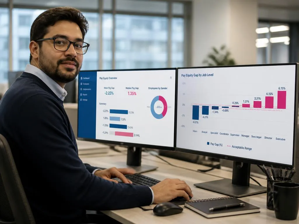 Analista de remuneração comparando gaps salariais por nível em dois monitores, com faixa aceitável destacada