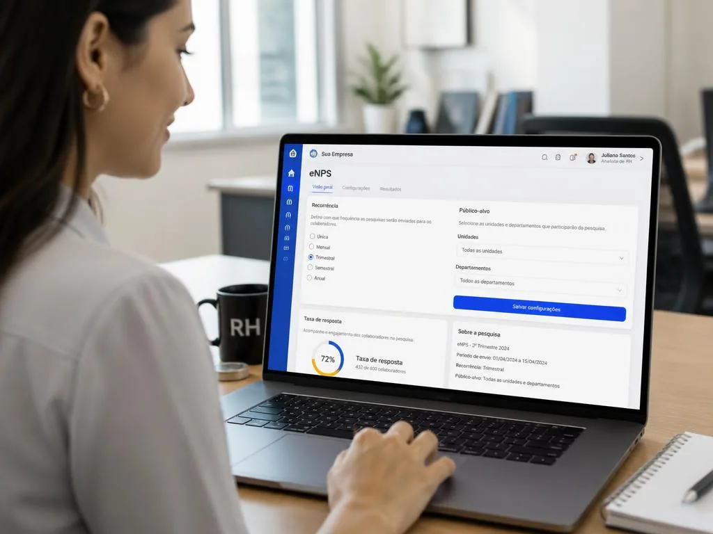 Analista de RH configurando em um notebook a recorrência e o público-alvo de uma pesquisa de eNPS