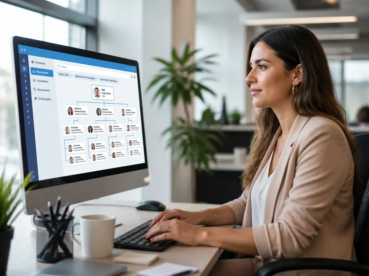 Analista de RH consultando o organograma da empresa em um monitor no escritório