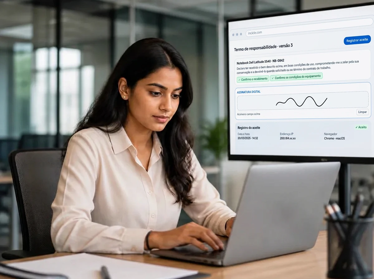 Analista de RH revisando registros de entrega de equipamentos em um notebook